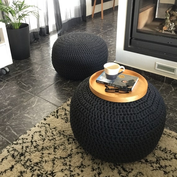 Pouf Black Chunky Knit Braided Texture Industrial