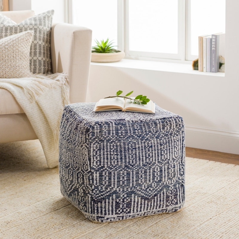 Pouf Bohemian Geometric Embroidered Pouf with Fringe Trim