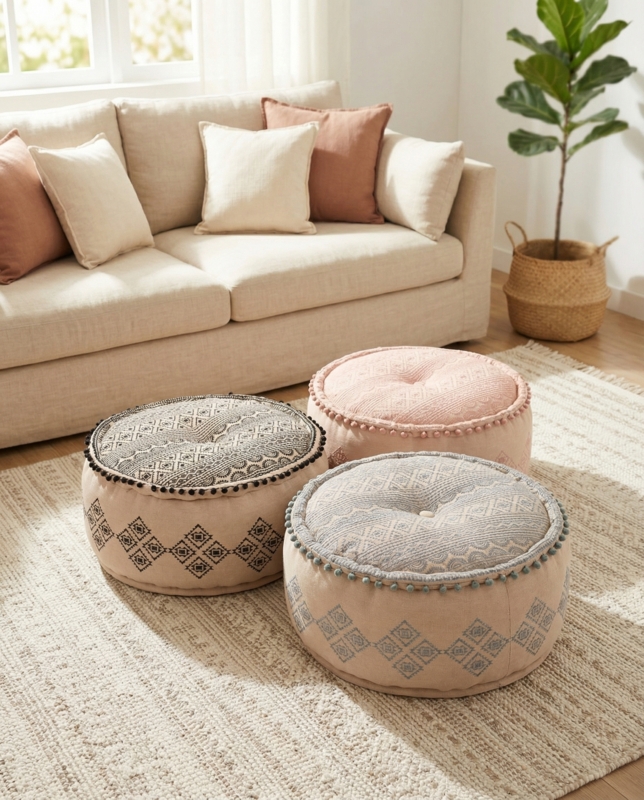 Pouf Bohemian Leather Look Nursery Ottoman Geometric Embroidery