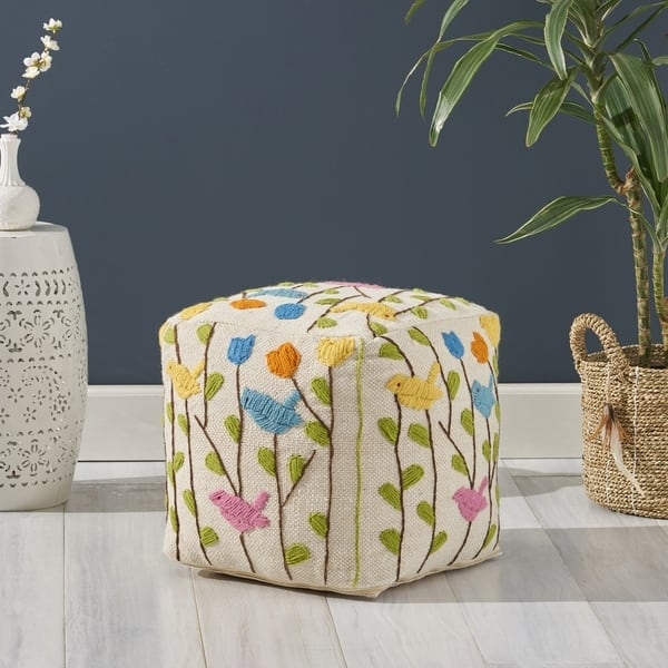 Pouf Boho Textured Living Room Pouf Cream Charcoal Cross Pattern Knit