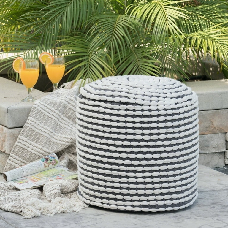 Pouf Braided Texture Cylindrical All White Bohemian Coastal