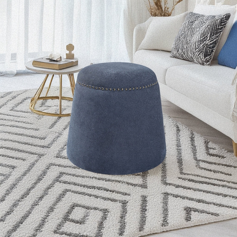 Pouf Braided Texture Rope Handle Navy Cream Cylindrical Coastal Accent