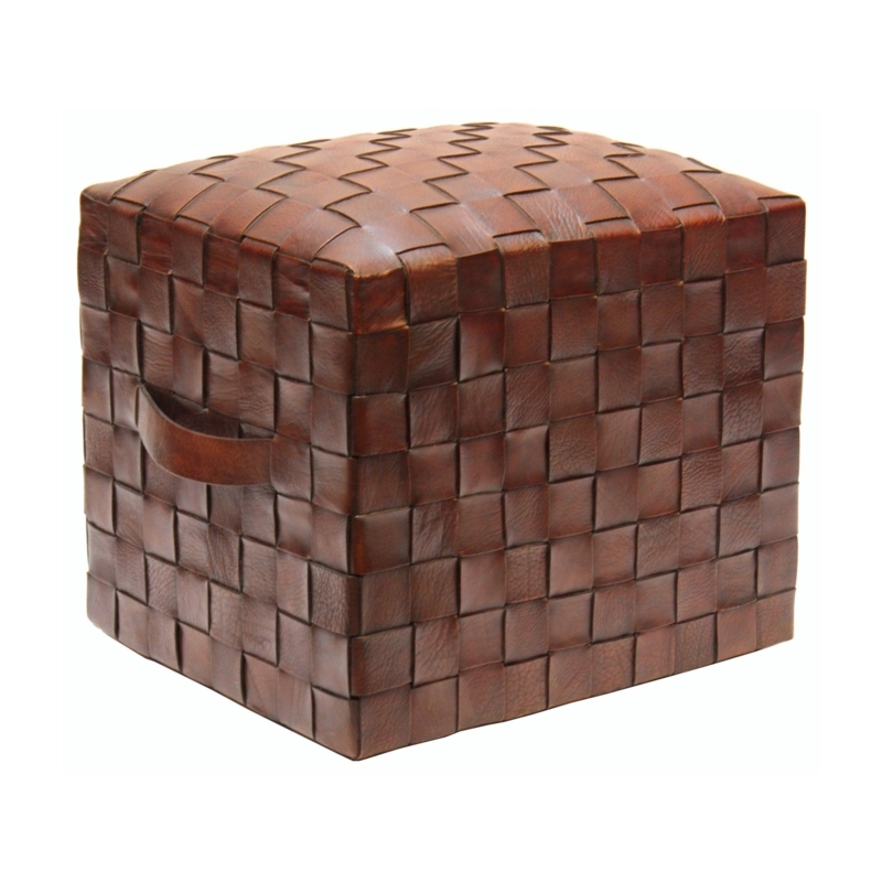 Pouf Brown Woven Texture Cube Shape Bohemian Leather Footstool