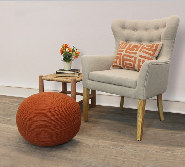 Pouf Burnt Orange Wool Woven Texture Ribbed Surface Modern Bohemian
