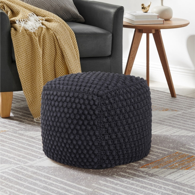 Pouf Charcoal Chunky Knit Texture Round Modern Bohemian Floor Cushion