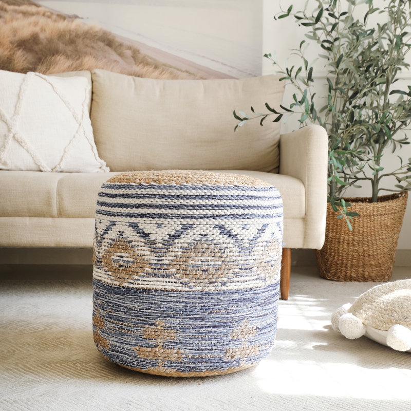 Pouf Charcoal Cream Triangle Pattern Braided Weave Square Coastal