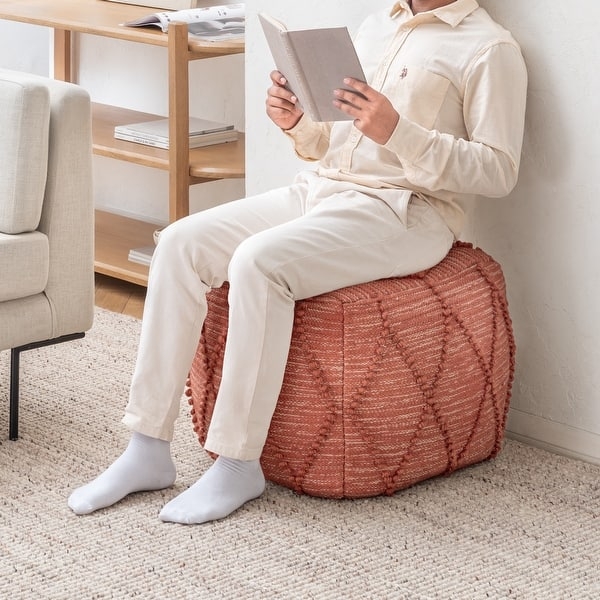 Pouf Charcoal Gray Chunky Woven Cubic Firm Bead Filling Organic Style