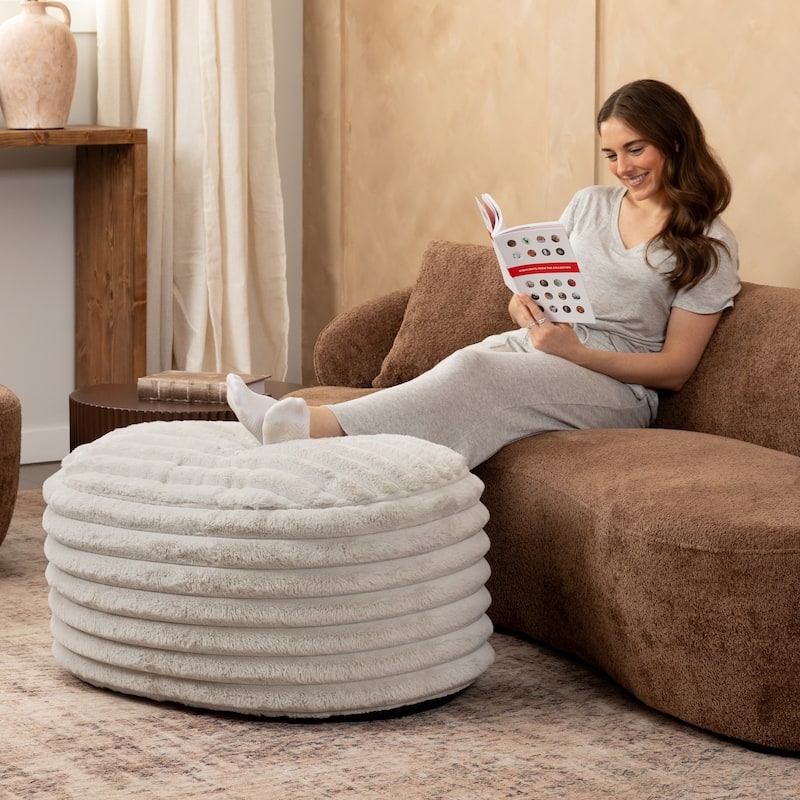 Pouf Charcoal Gray Shaggy Faux Fur Round Modern Footrest