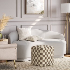Pouf Checkerboard Pattern Square Cream Brown Transitional Seating