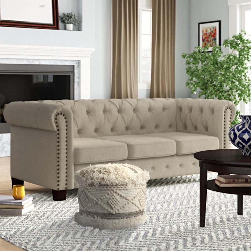 Pouf, Chunky Cable Knit Texture, Ivory Textile, Drum Silhouette