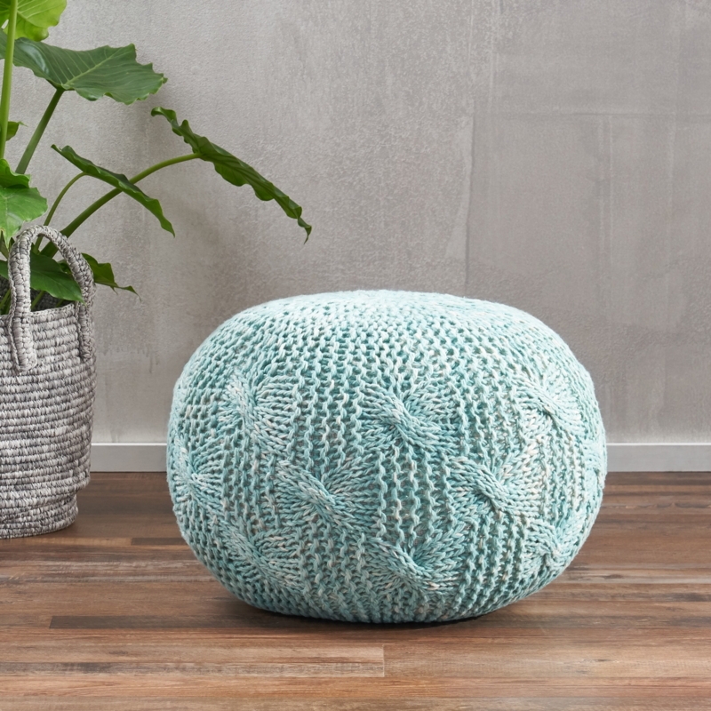Pouf Chunky Knit Aqua Cylindrical Hand Knit Bohemian Coastal