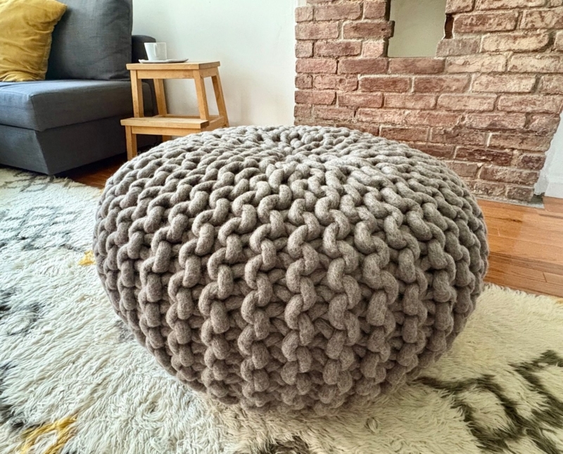 Pouf Chunky Knit Charcoal Pouf Spherical Shape Nubby Texture Wool