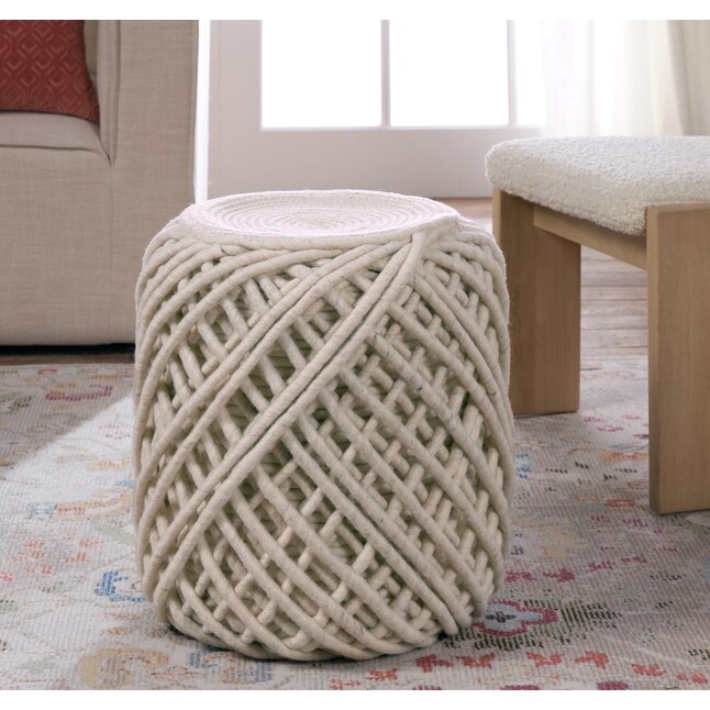 Pouf, Chunky Knit Spherical Shape, Cream Wool-Like Fabric, Boho Style