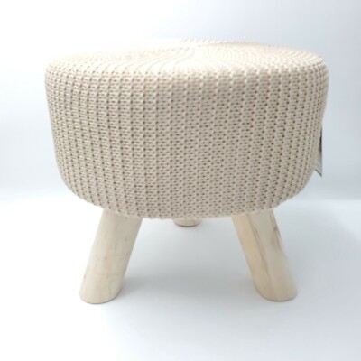 Pouf, Chunky Knit Texture, Natural Tan Woven Fabric, Tripod Wood Legs