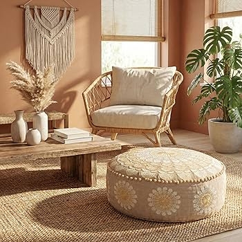 Pouf Circular Mandala Print Off-White Teal Monochromatic Boho
