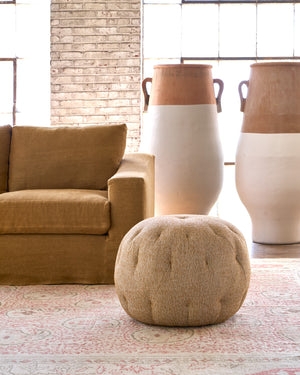 Pouf Cognac Leather-Like Round Cross Stitching Textured Accent
