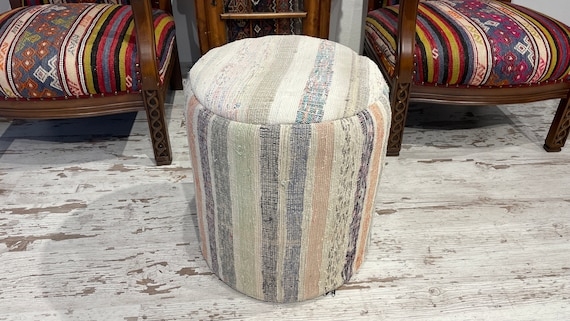 Pouf Cotton Rope Chunky Knit Braided Detail Cream Round Floor Seating