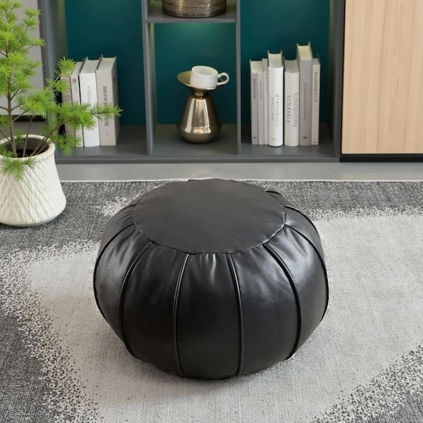 Pouf Cover Faux Leather Waterproof Round Replacement Top Stitching