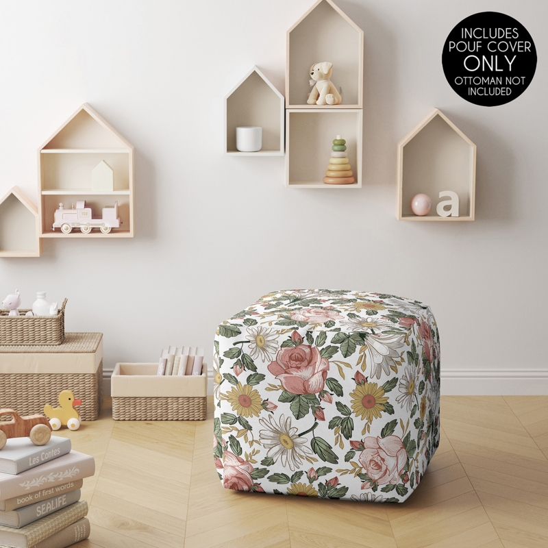 Pouf Cover Round Unstuffed Design Vintage Rose Removable Floral Cover