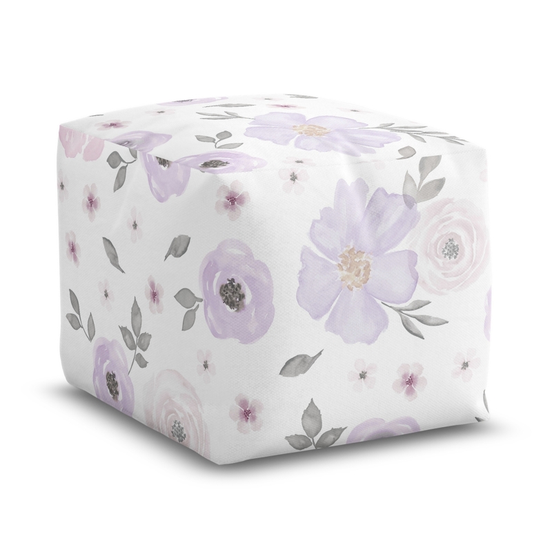 Pouf Cover Watercolor Floral Print Pink Grey Unstuffed Bohemian