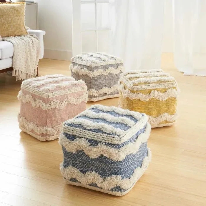 Pouf Cube Shape Jute Braided Seams Boho Woven