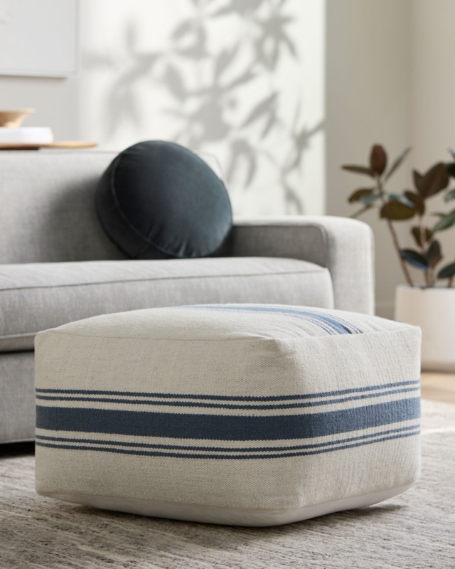 Pouf Cube Shape Nautical Striped Blue And White Woven Ottoman