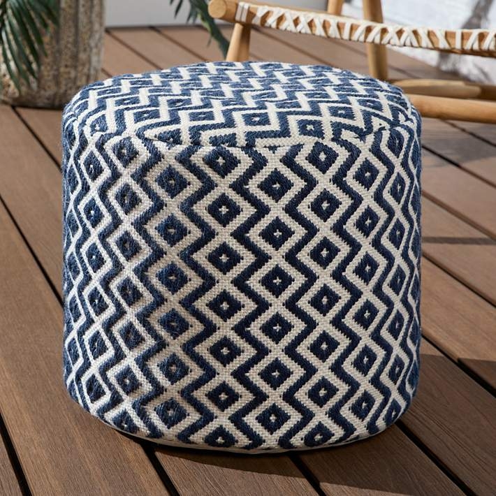 Pouf Cube Shape Navy and Ivory Piped Seams Outdoor Patio Ottoman