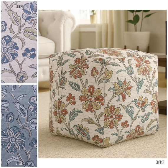 Pouf Cube Shape Retro Floral Print Orange Yellow Bohemian Accent