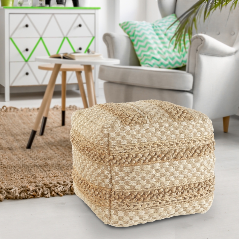 Pouf Cube Silhouette Chunky Woven Texture Bohemian Living Room Ottoman