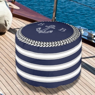 Pouf Cylindrical Anchor Graphic Navy Blue Striped Beach House Decor