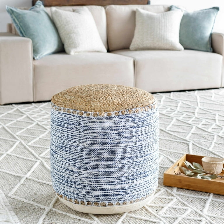 Pouf Cylindrical Drum Tri-Color Braided Navy Blue Coastal Style