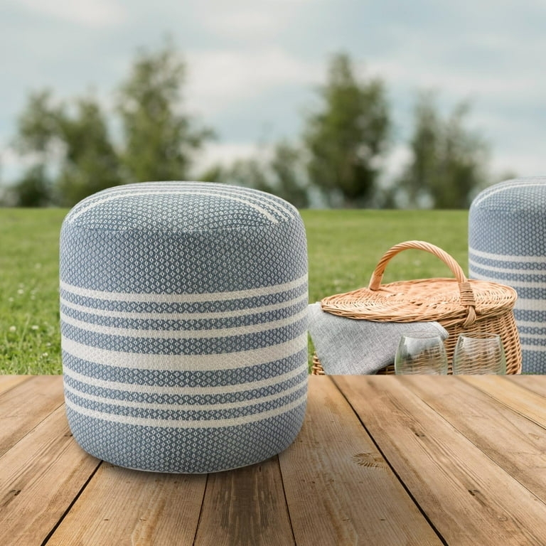 Pouf Cylindrical Horizontal Stripes Drum Silhouette Coastal