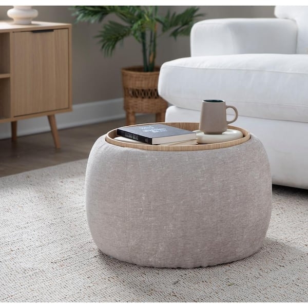 Pouf Cylindrical Light Brown Fabric with Natural Wood Base Tray