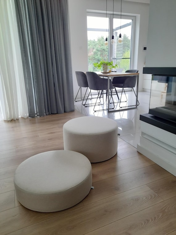 Pouf Cylindrical Linen Like Texture Beige Cream Organic Aesthetic