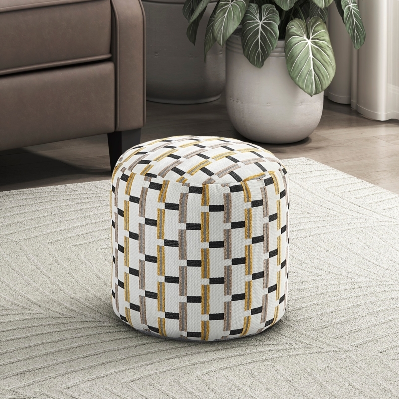 Pouf Cylindrical Multi-Color Jacquard Geometric Bohemian Accent