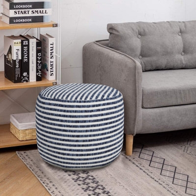 Pouf Cylindrical Navy Striped Woven Coastal Accent Seating