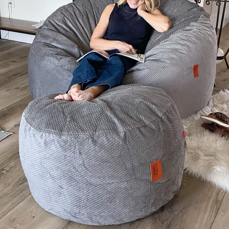 Pouf Cylindrical Ribbed Texture Cream Upholstered Footstool
