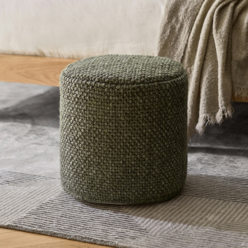 Pouf Cylindrical Speckled Sage Green Fabric with Piped Edges