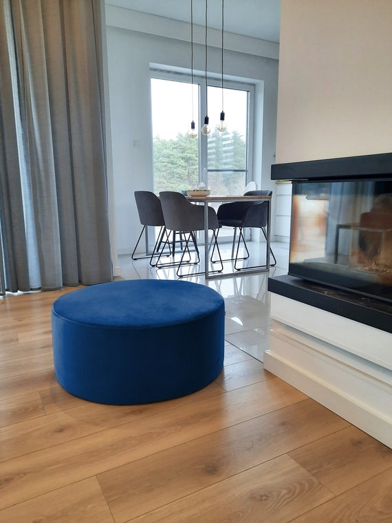 Pouf Cylindrical Velvet with Piped Top Edge Detail