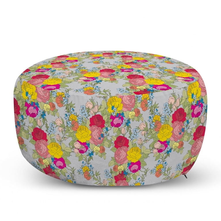 Pouf Cylindrical Vintage Rose Print Romantic Shabby Chic Accent