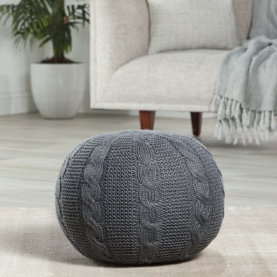 Pouf Deep Teal Chunky Knit Texture Side Handle Modern Boho Floor Seating