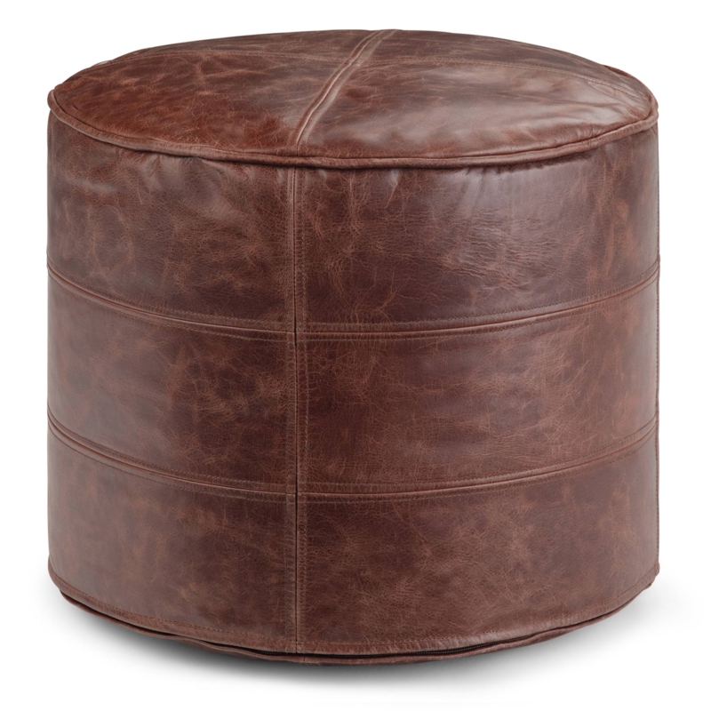 Pouf Distressed Finish Brown Leather-Like Rustic Industrial Accent Seating
