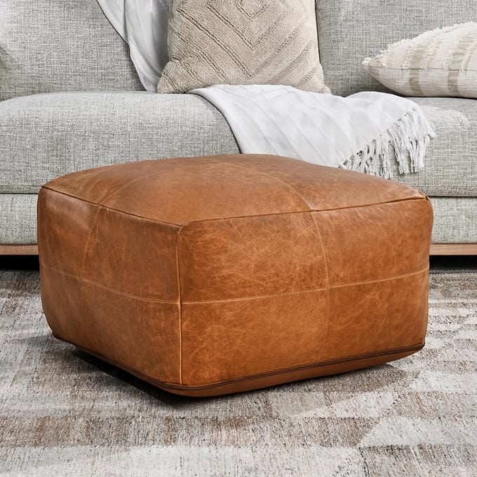 Pouf Distressed Leather Look Stitched Panels Rustic Brown Ottoman