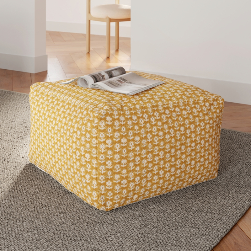 Pouf Drum Mustard Botanical Block Print Piped Edges