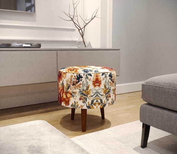 Pouf Drum Shaped Bold Botanical Print Navy Floral Eclectic Style