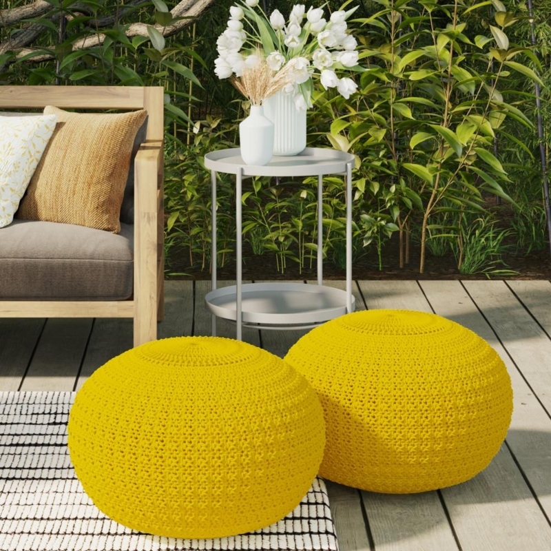 Pouf Drum Vibrant Yellow Chunky Braided Knit Outdoor
