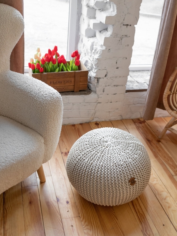 Pouf Ecru Chunky Knit Texture Round Japandi Minimalist Style