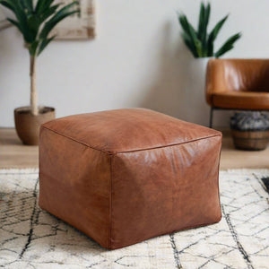 Pouf Exposed Stitching Cognac Leather Bohemian Floor Seating