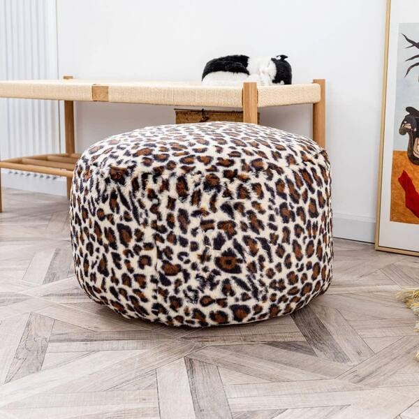 Pouf Faux Fur Leopard Print Cylindrical Zippered Closure Cozy