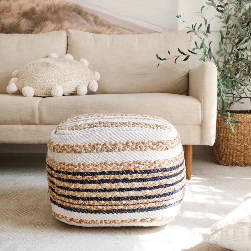 Pouf featuring Bold Horizontal Stripes in Jute and Cotton Weave